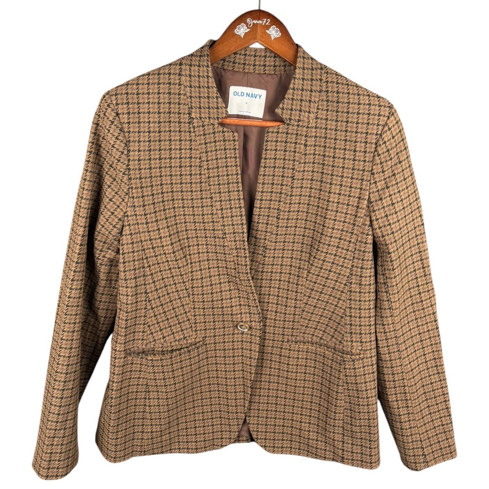 Old Navy Womens Brown Houndstooth Single‎ Button Blazer Jacket Size S Academia